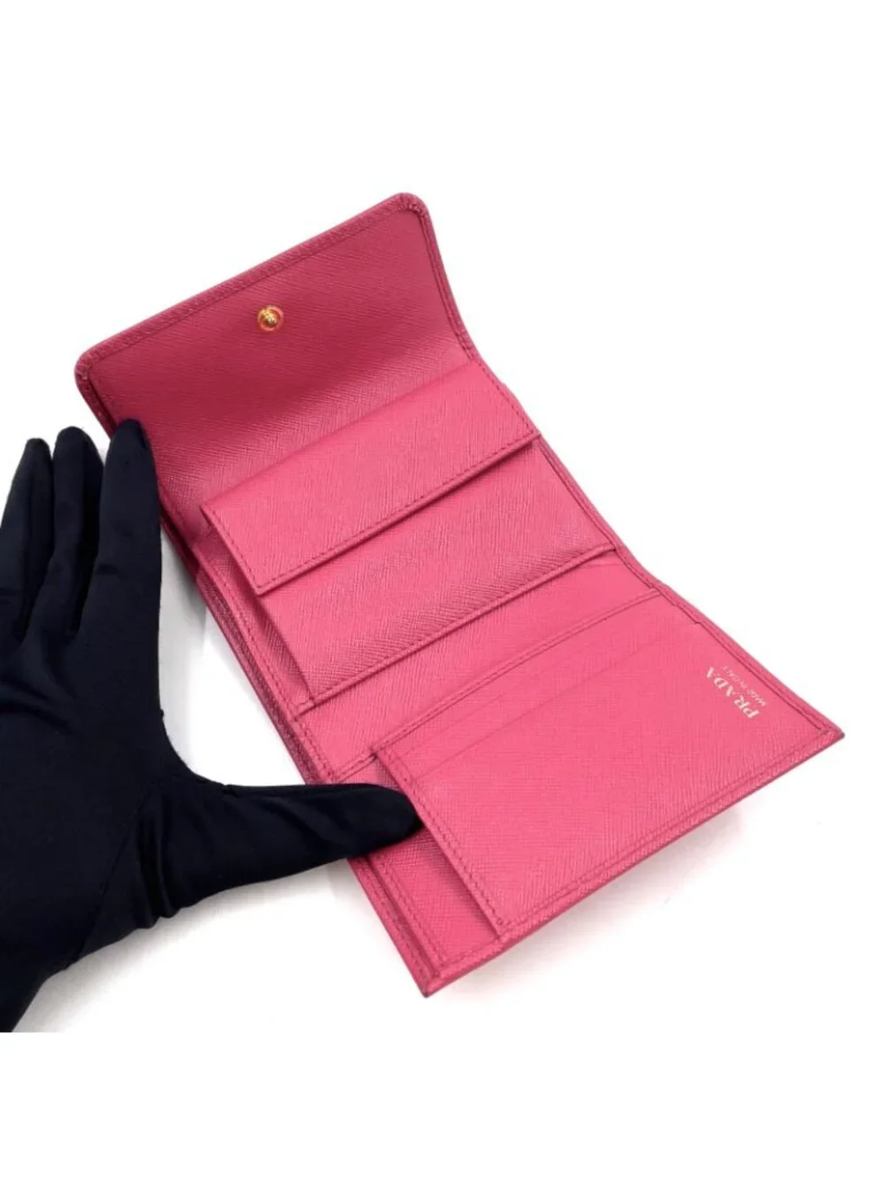 Prada Saffiano Fiocco Leather Pink Trifold Wallet Gold